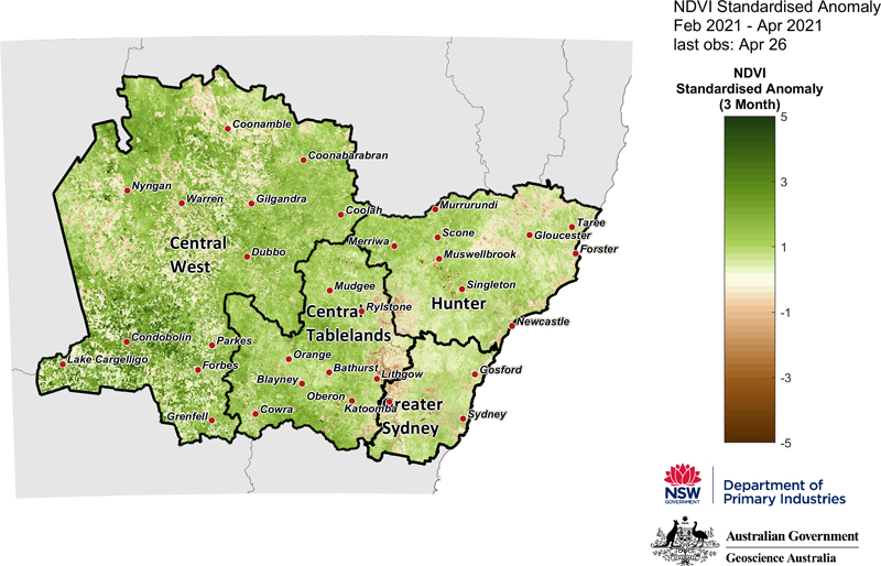 Figure 21. 3-month NDVI anomaly map for the Central Tablelands, Central West, Hunter and Greater Sydney regions 