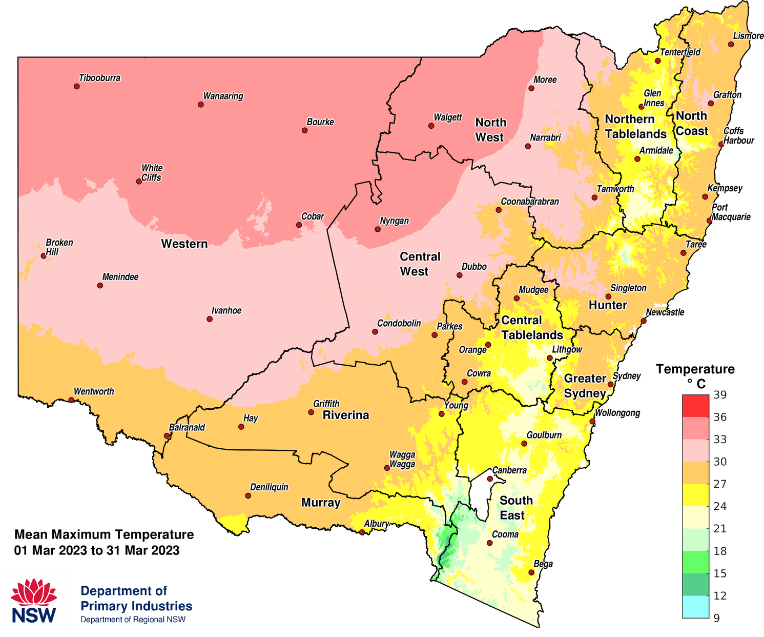 Figure 3b. Average maximum temperature &ndash; March 2023
