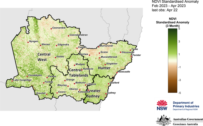 Figure 28. 3-month NDVI anomaly map for the Central Tablelands, Central West, Hunter and Greater Sydney regions 