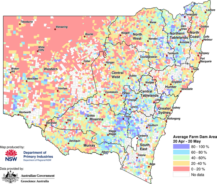 Figure 5. Average parish-level farm dam extents between 20 April to 20 May 2023