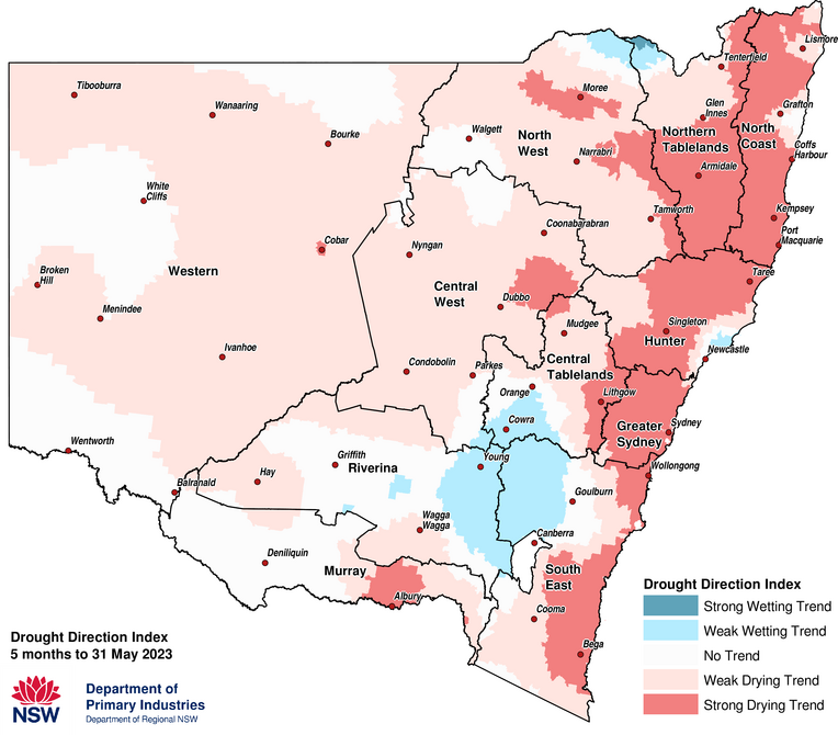 Figure 9. Drought Direction Index (DDI) to 31 May 2023