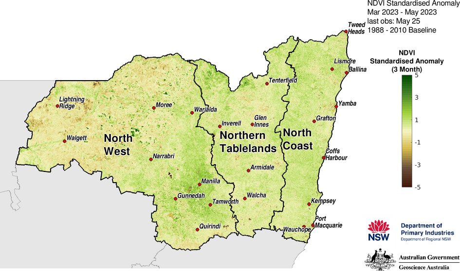 Figure 25. 3-month NDVI anomaly map for the North West, Northern Tableland and North Coast regions
