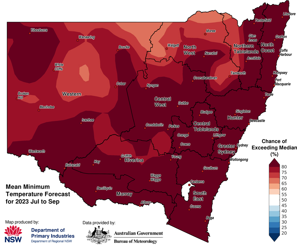 Figure 12. Seasonal average minimum temperature outlook for NSW issued on 29 June 2023