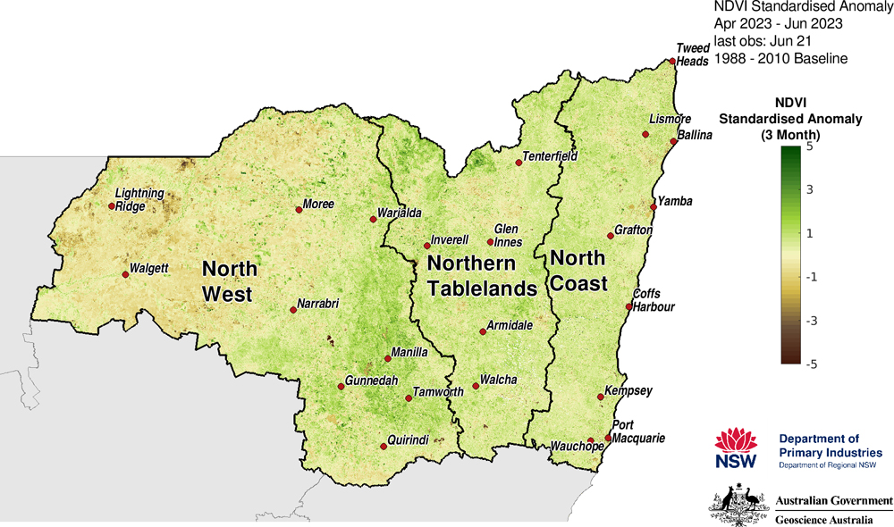 Figure 25. 3-month NDVI anomaly map for the North West, Northern Tableland and North Coast regions