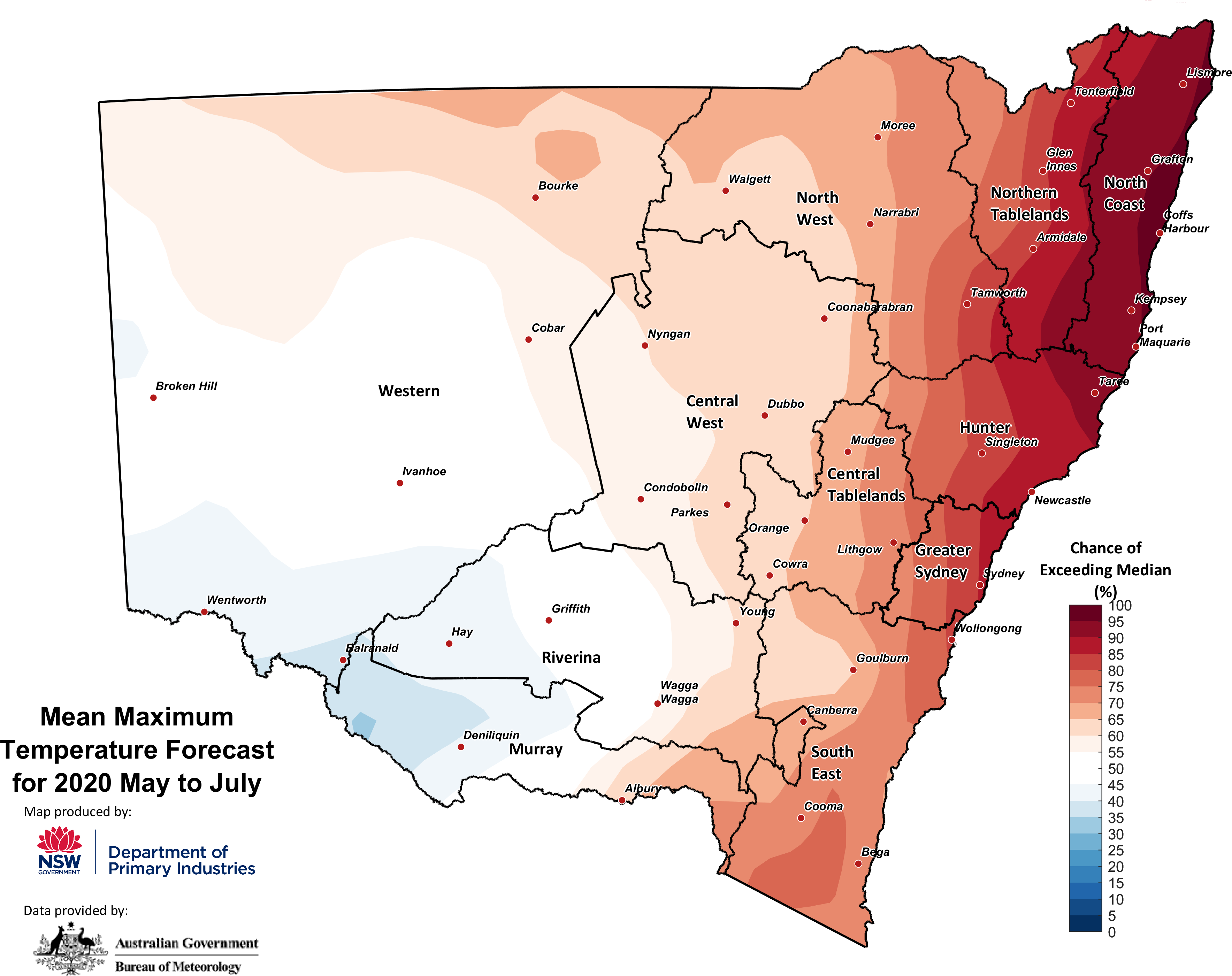 Figure 30. Seasonal maximum temperature outlook for NSW issued on 30 April 2020 For an accessible explanation of this image contact the author seasonal.conditions@dpi.nsw.gov.au