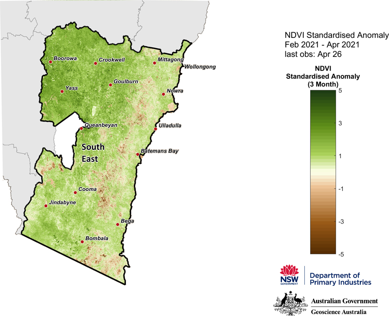 Figure 24. 3-month NDVI anomaly map for the South East region