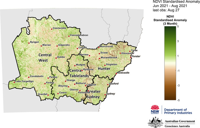 Figure 21. 3-month NDVI anomaly map for the Central Tablelands, Central West, Hunter and Greater Sydney regions 3-month NDVI anomaly map for the Central Tablelands, Central West, Hunter and Greater Sydney regions
