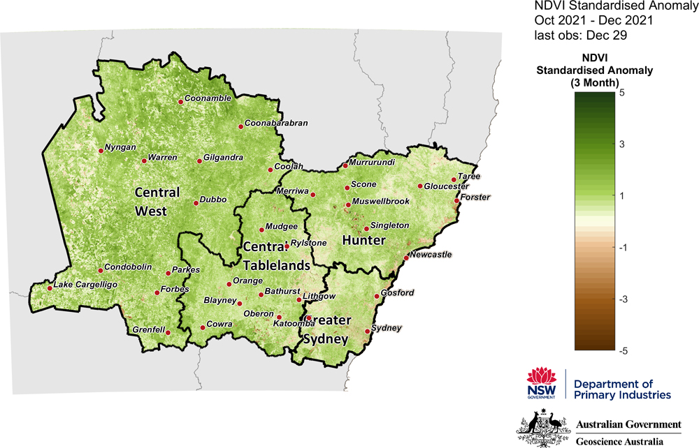 Figure 21. 3-month NDVI anomaly map for the Central Tablelands, Central West, Hunter and Greater Sydney regions 