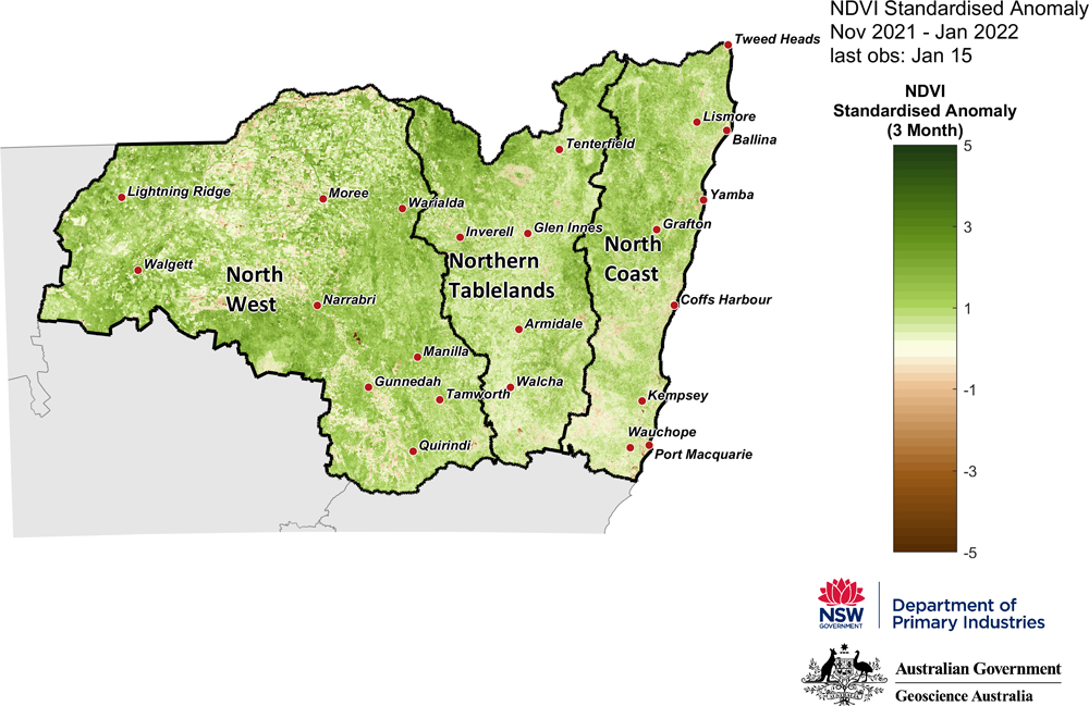 Figure 18. 3-month NDVI anomaly map for the North West, Northern Tableland and North Coast regions