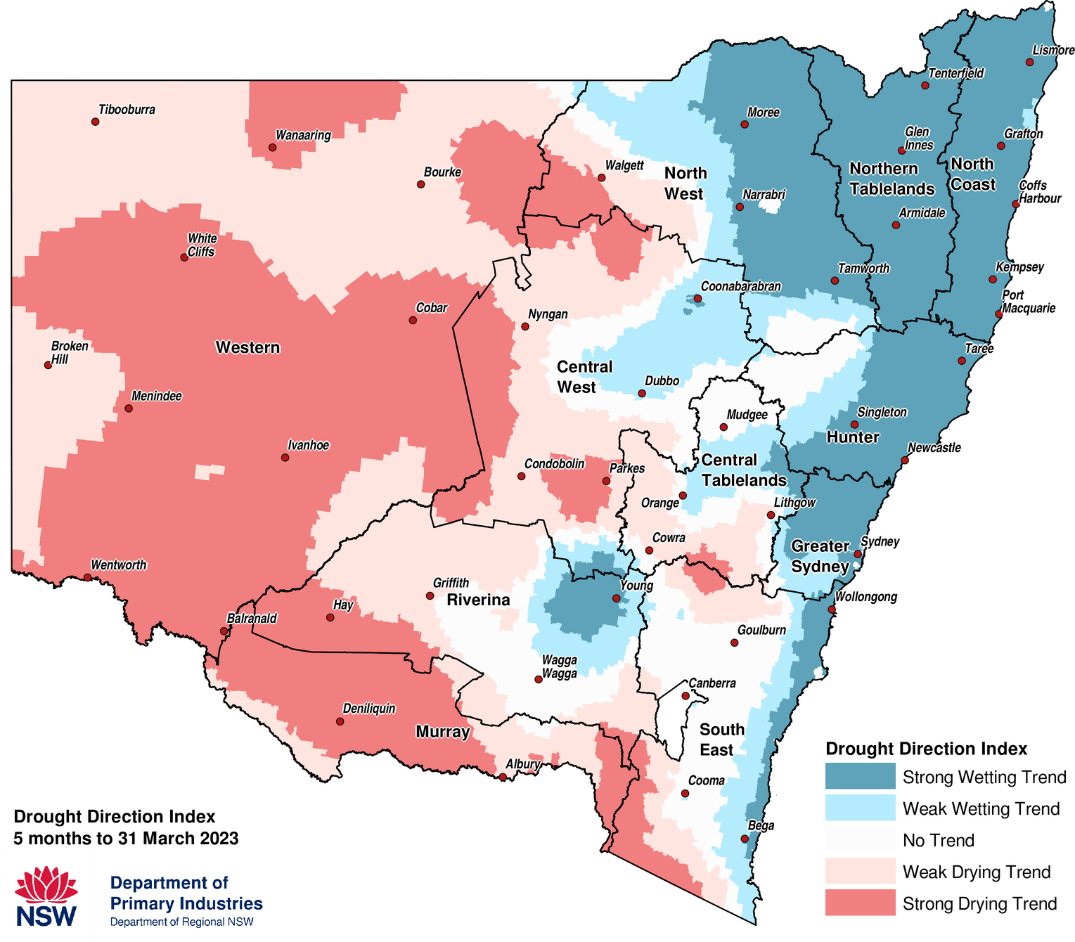 Figure 9. Drought Direction Index (DDI) to 31 March 2023