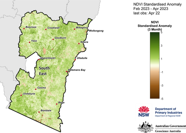 Figure 31. 3-month NDVI anomaly map for the South East region