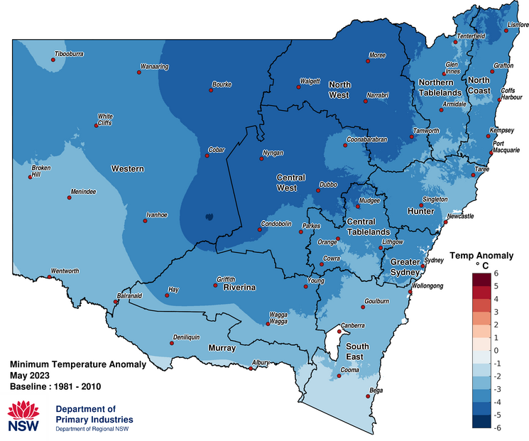 Figure 3c. Minimum temperature anomaly &ndash; May 2023