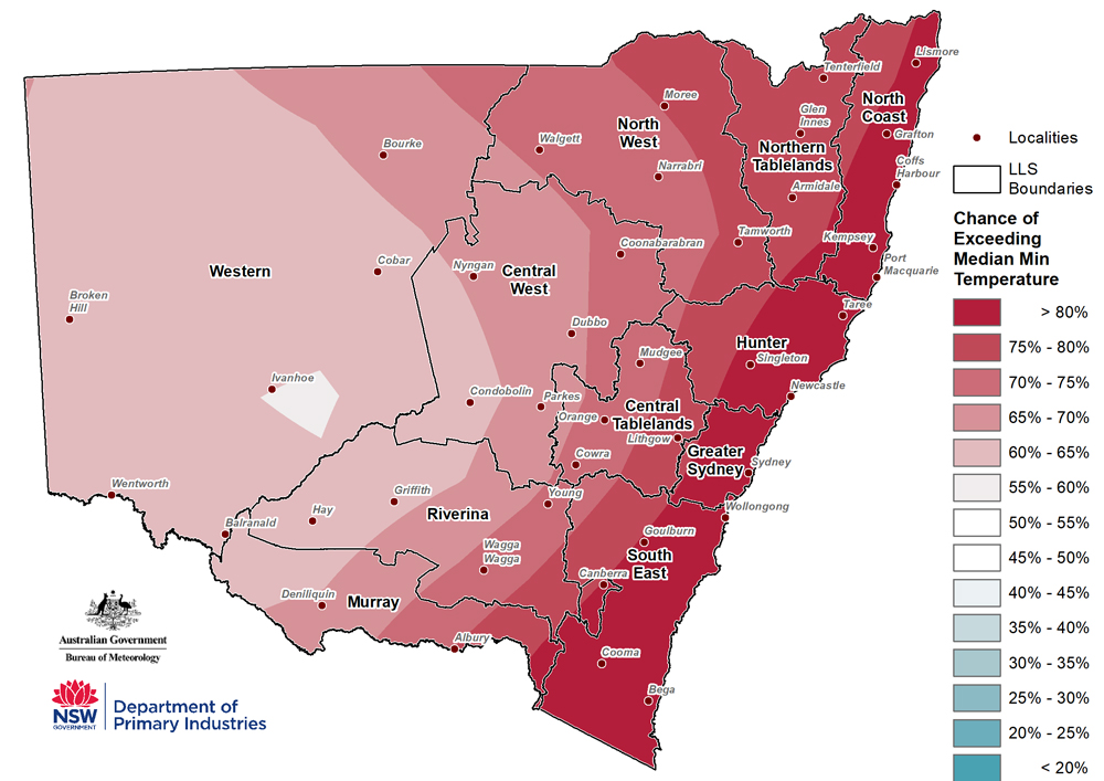 Figure 23. Seasonal minimum temperature outlook for NSW issued on the 28 June 2018 For an accessible explanation of this map contact the author kim.broadfoot@dpi.nsw.gov.au