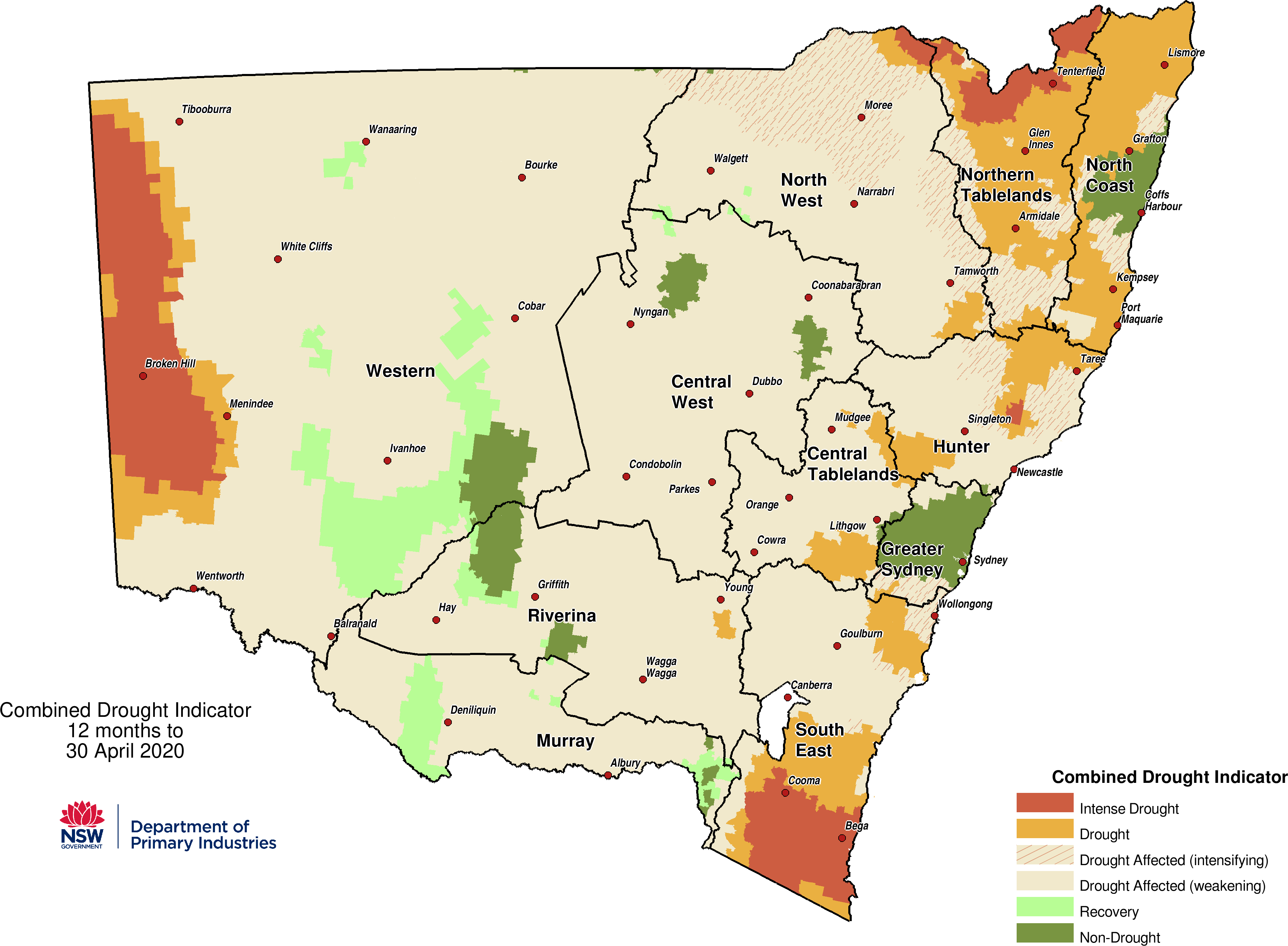Figure 1. Verified NSW Combined Drought Indicator to 30 April 2020 For an accessible explanation of this image contact the author seasonal.conditions@dpi.nsw.gov.au