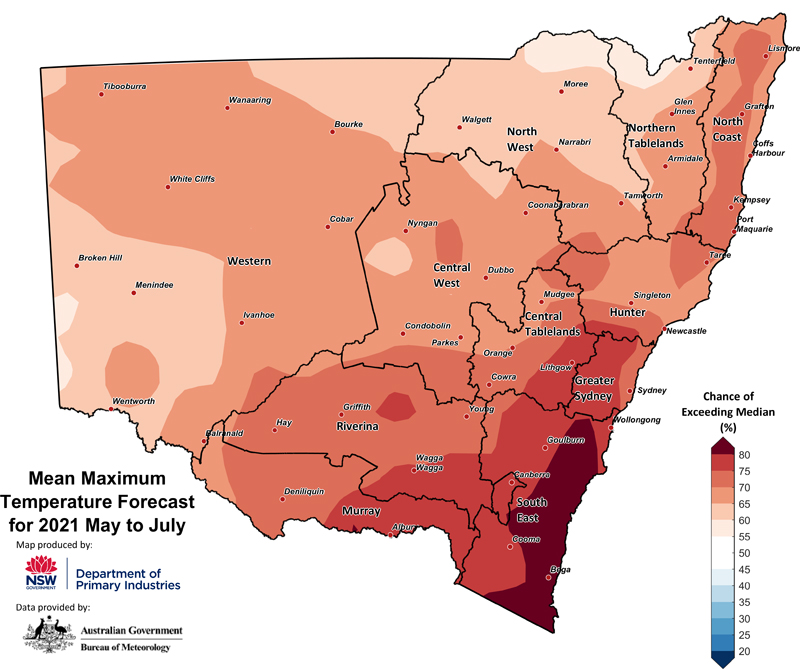 Figure 27. Seasonal maximum temperature outlook for NSW issued on 29 April 2021