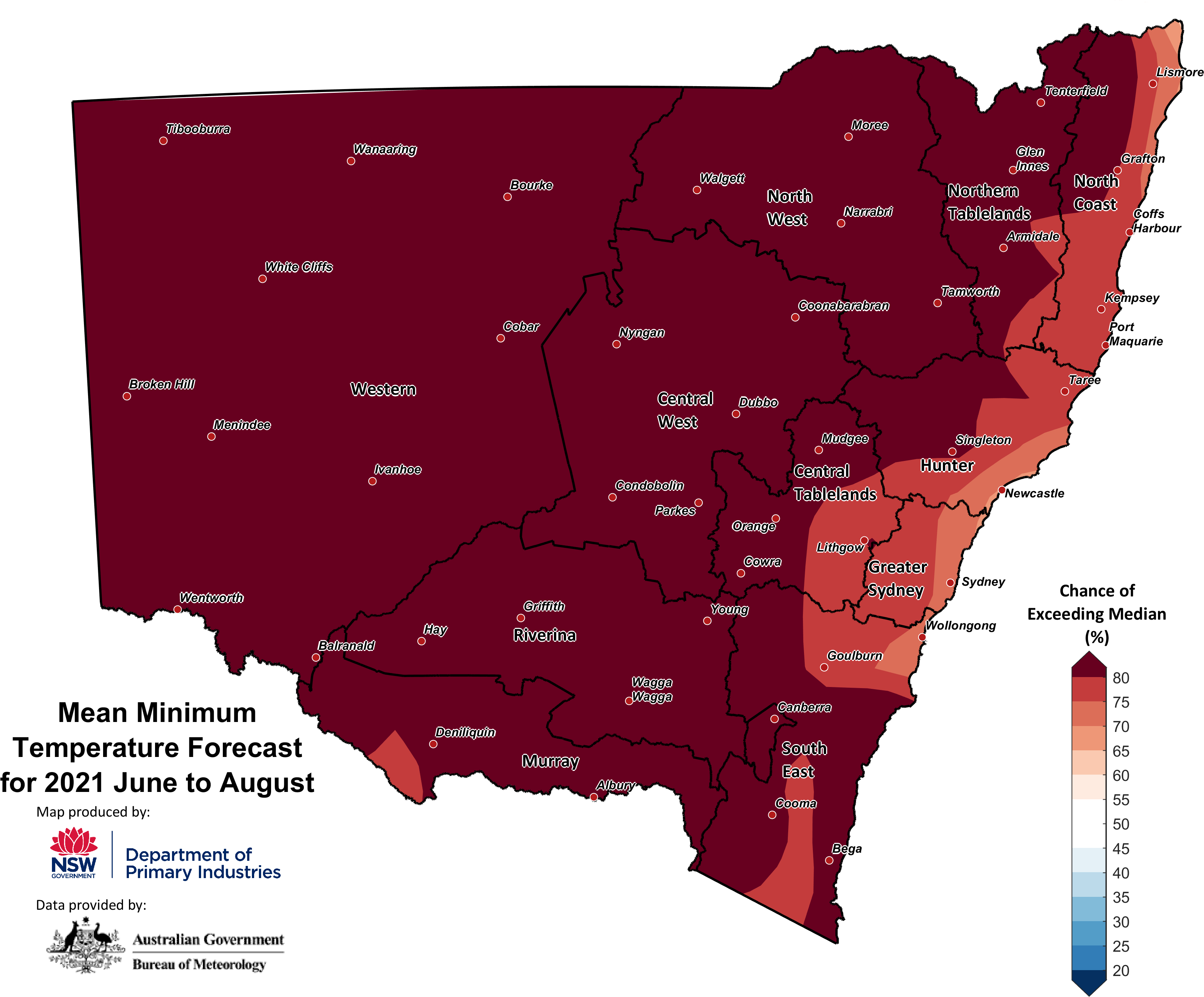 Figure 28. Seasonal minimum temperature outlook for NSW issued on 3 June 2021 For an accessible explanation of this image contact the author seasonal.conditions@dpi.nsw.gov.au