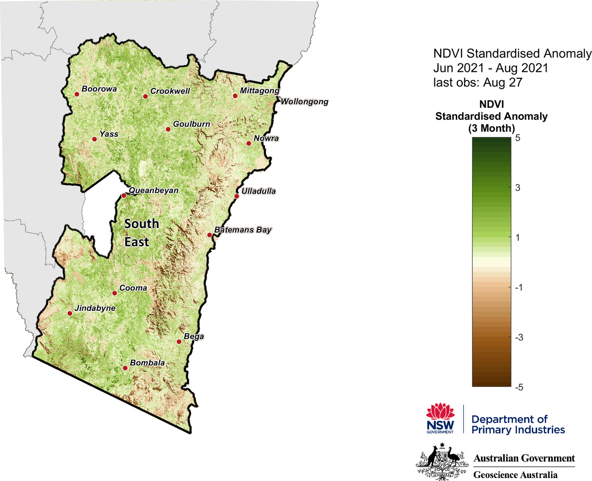 Figure 24. 3-month NDVI anomaly map for the South East region 3-month NDVI anomaly map for the South East region