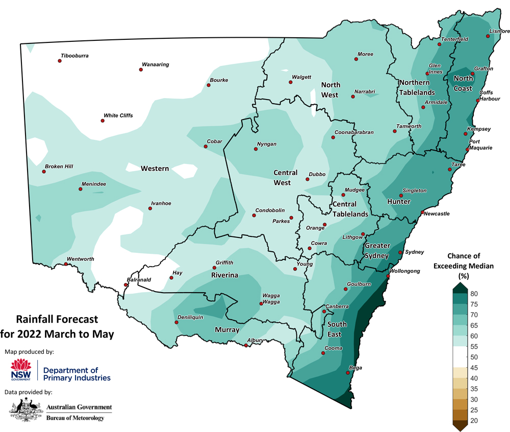 Seasonal rainfall outlook for NSW for March to May 2022