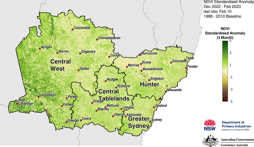 Figure 21. 3-month NDVI anomaly map for the Central Tablelands, Central West, Hunter and Greater Sydney regions 