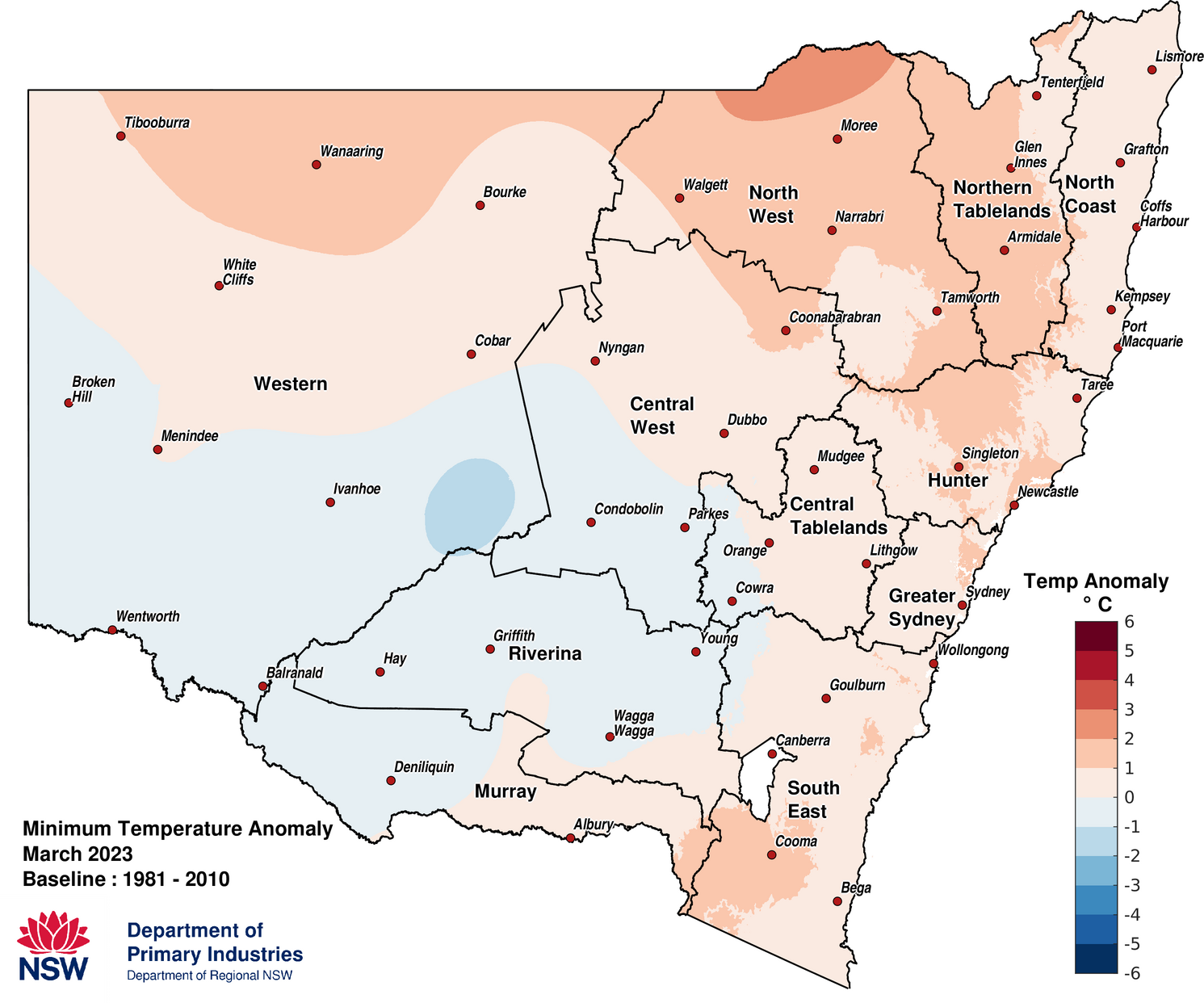 Figure 3c. Minimum temperature anomaly &ndash; March 2023