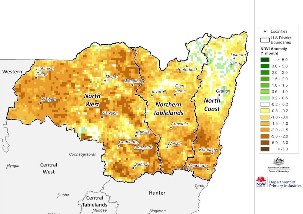 Figure 16. Monthly NDVI anomaly map for the North West, Northern Tableland and North Coast regions For an accessible explanation of this map contact the author kim.broadfoot@dpi.nsw.gov.au