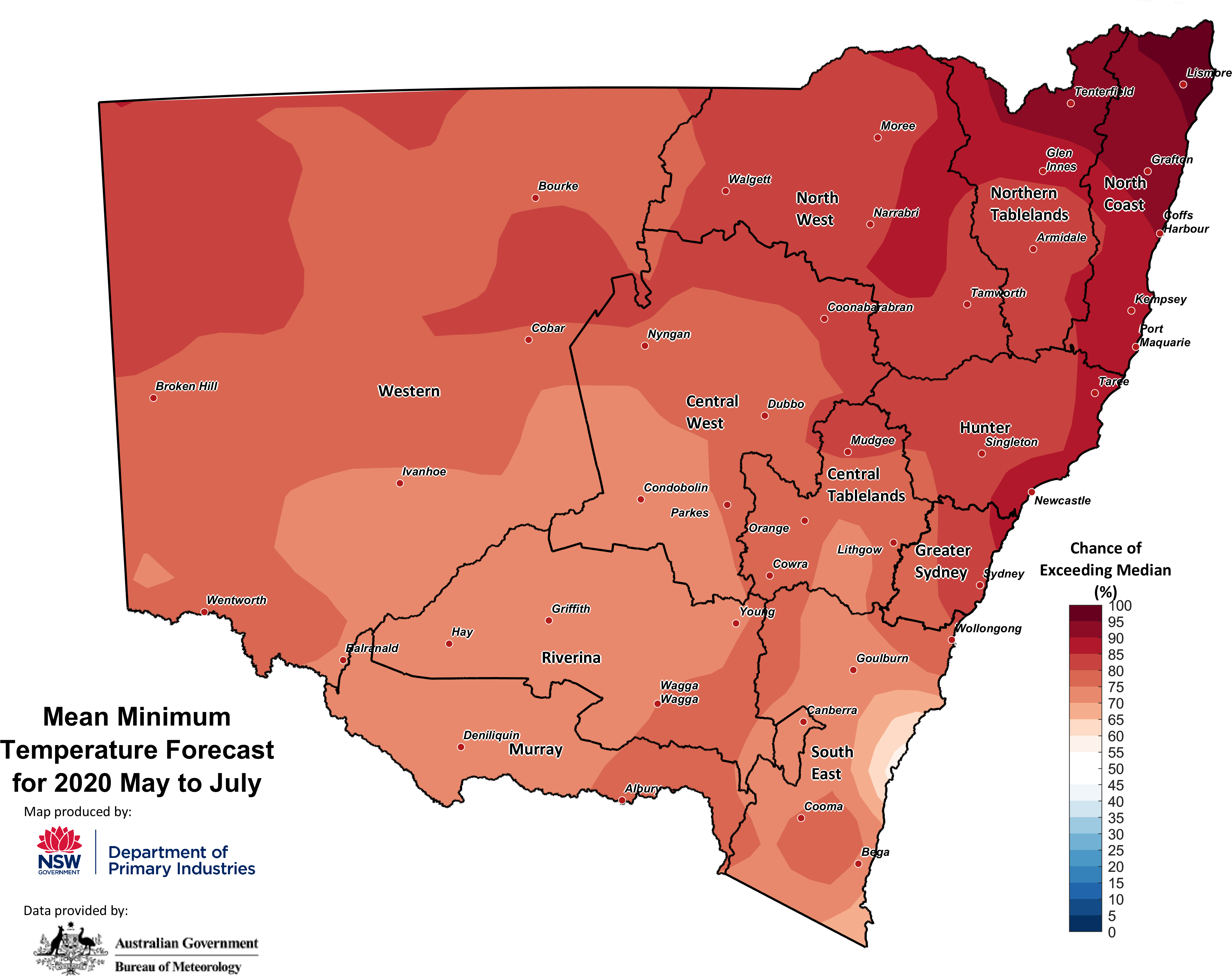 Figure 31. Seasonal minimum temperature outlook for NSW issued on 30 April For an accessible explanation of this image contact the author seasonal.conditions@dpi.nsw.gov.au