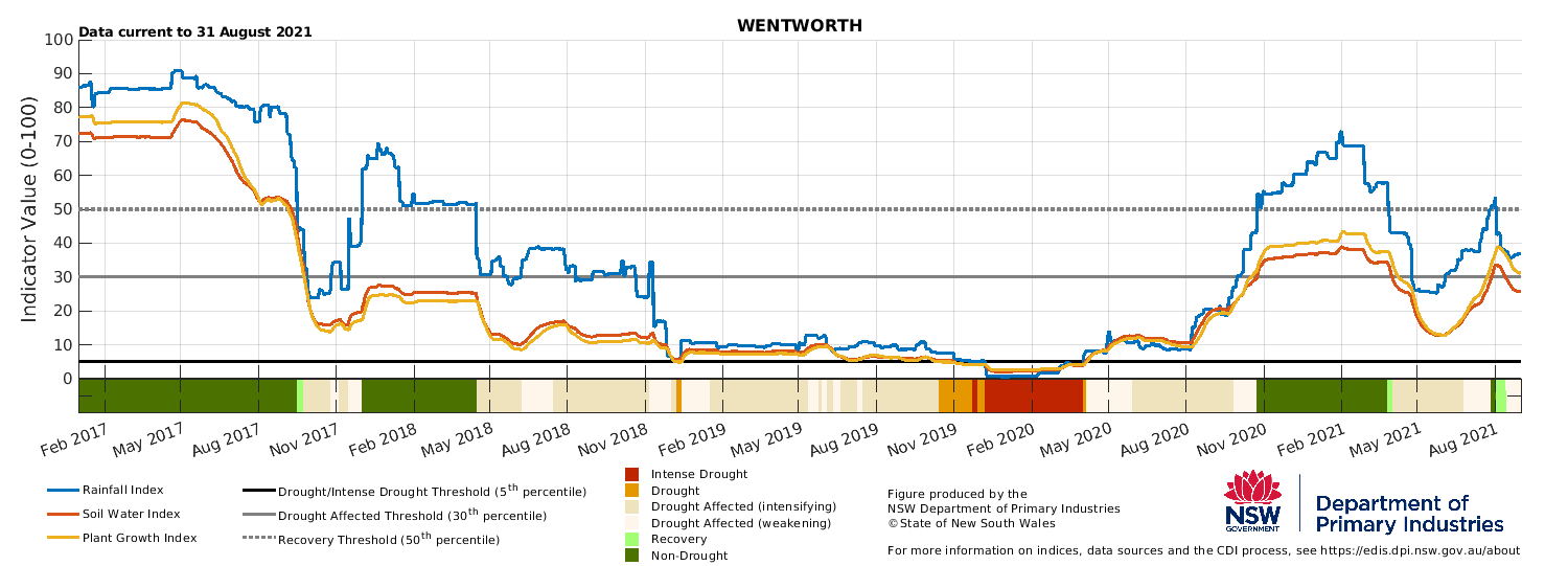 Figure 16. Drought indicators for select sites in the Western LLS: Bourke, Ivanhoe, and Wentworth. Drought indicators for select sites in the Western LLS: Bourke, Ivanhoe, and Wentworth.