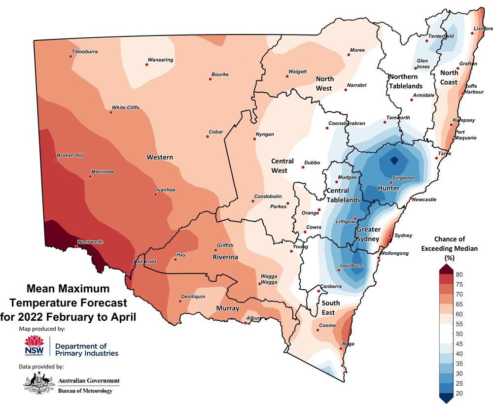 Figure 27. Seasonal average maximum temperature outlook for NSW issued on 06 January 2022