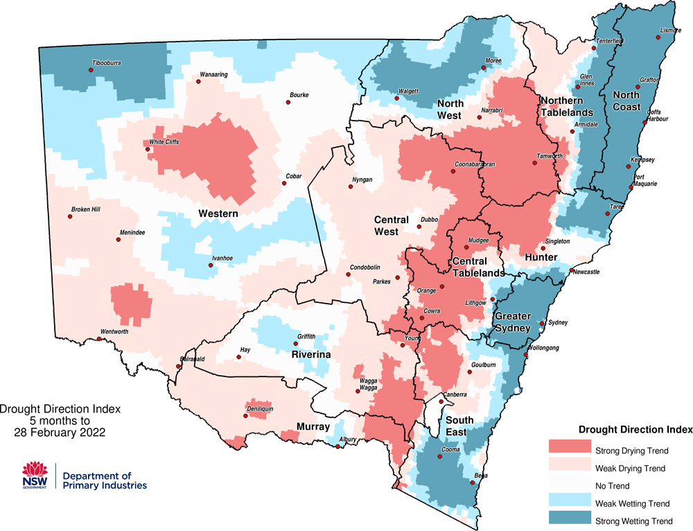 Drought Direction Index (DDI) to 28 February 2022