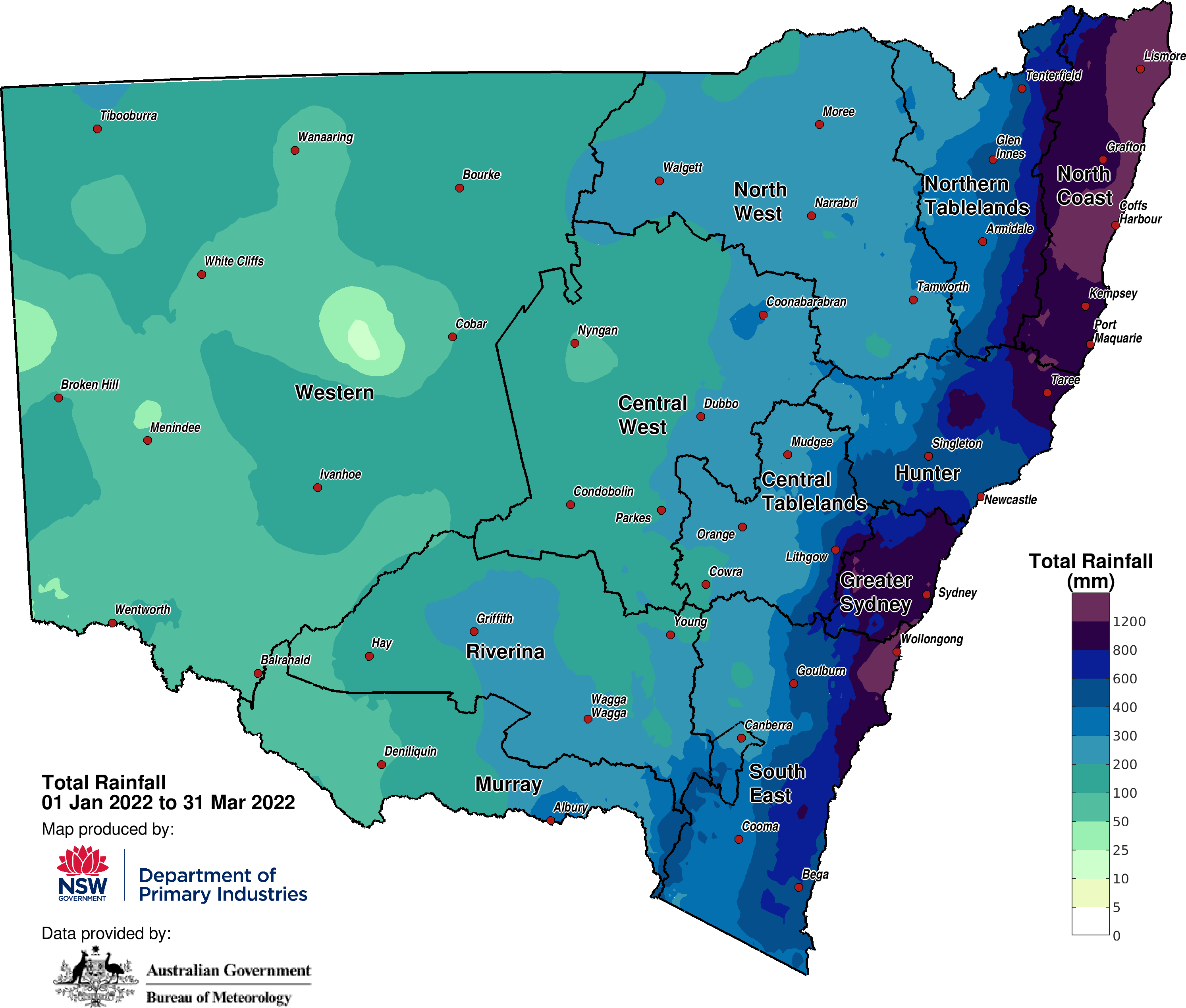 Calendar Year rainfall accumulation to 31 March 2022