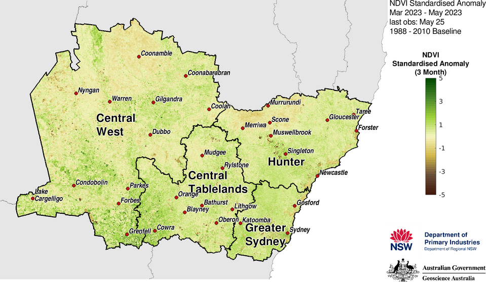 Figure 28. 3-month NDVI anomaly map for the Central Tablelands, Central West, Hunter and Greater Sydney regions 