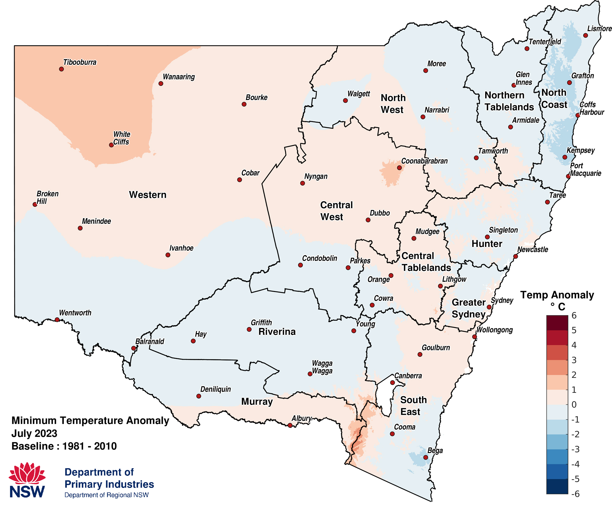 Figure 3c. Minimum temperature anomaly &ndash; July 2023