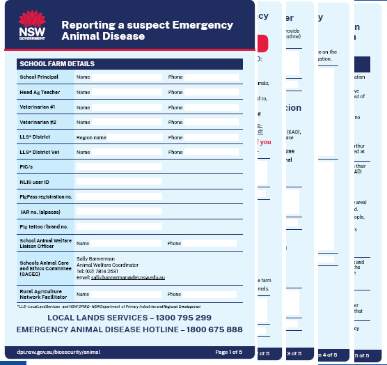 Pages of a pdf form for reporting unsual signs in school farm animals