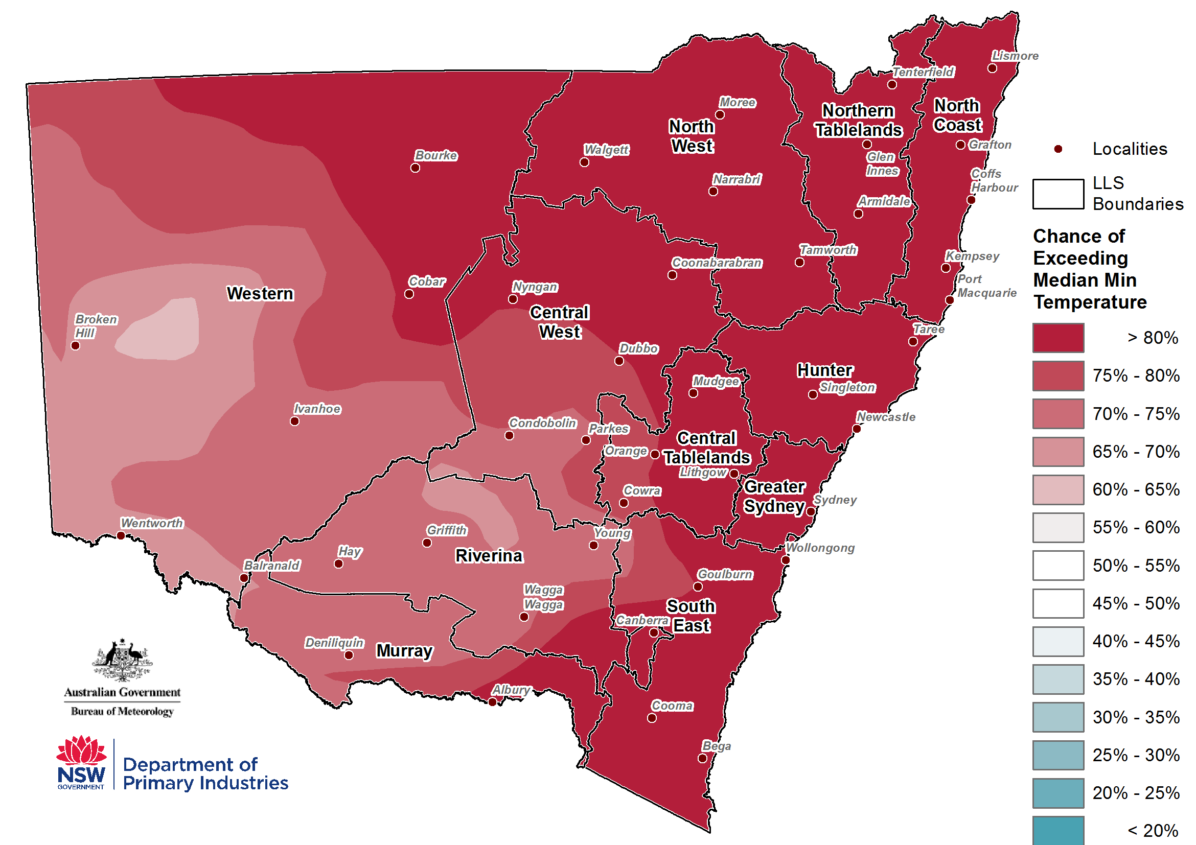 Seasonal minimum temperature outlook for NSW issued on 28 March 2019 - For an accessible explanation of this image contact scott.wallace@dpi.nsw.gov.au