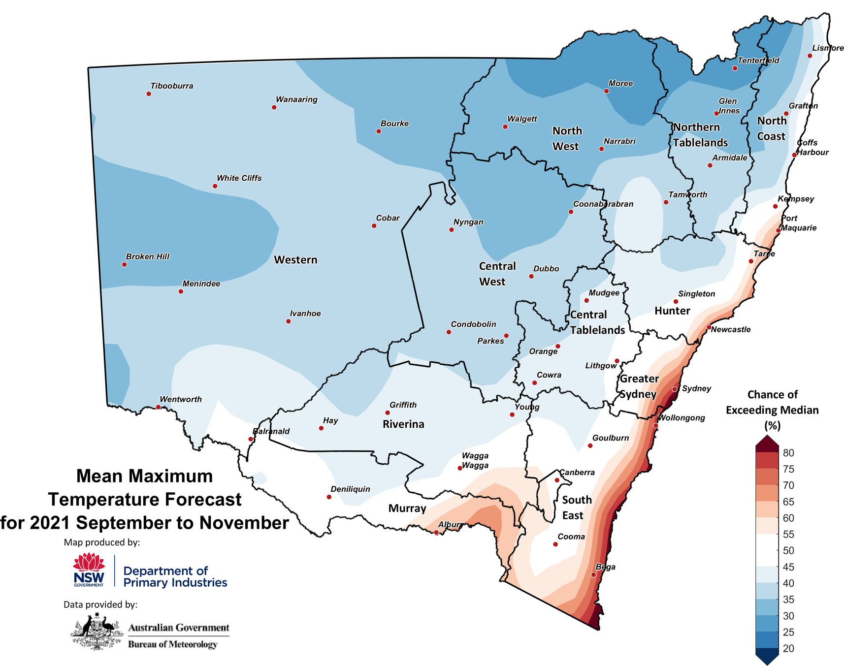 Figure 27. Seasonal maximum temperature outlook for NSW issued on 2 September 2021 Seasonal maximum temperature outlook for NSW issued on 2 September 2021