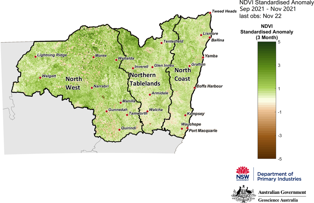 Figure 18. 3-month NDVI anomaly map for the North West, Northern Tableland and North Coast regions Figure 18. 3-month NDVI anomaly map for the North West, Northern Tableland and North Coast regions