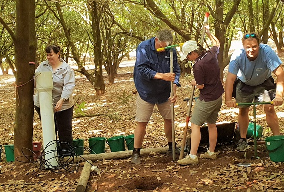four people in wooded area installing monitoring equipment in ground