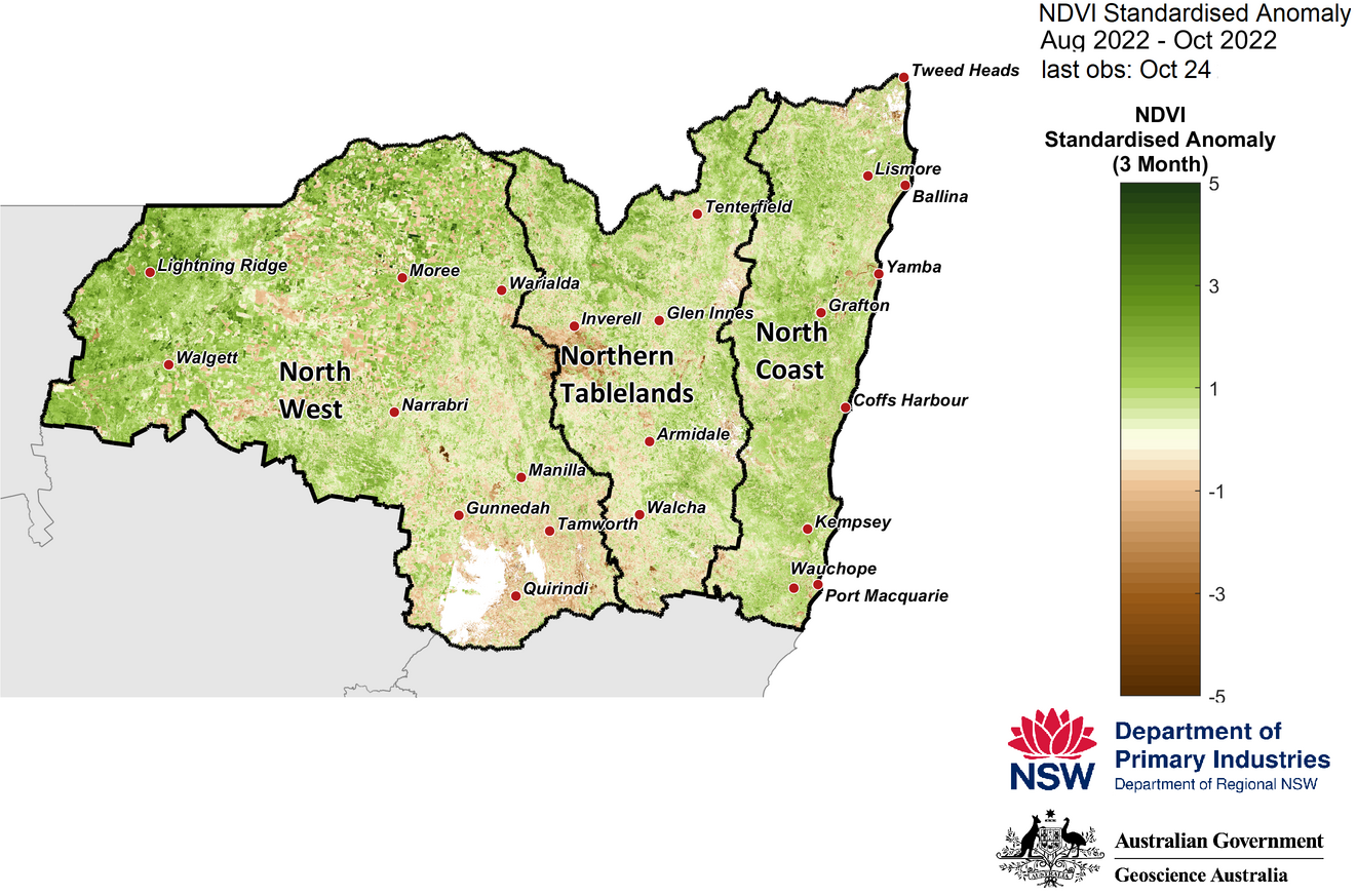 Figure 18. 3-month NDVI anomaly map for the North West, Northern Tableland and North Coast regions