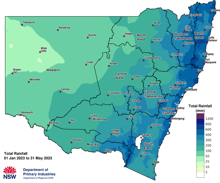Calendar Year rainfall accumulation to 30 April 2023
