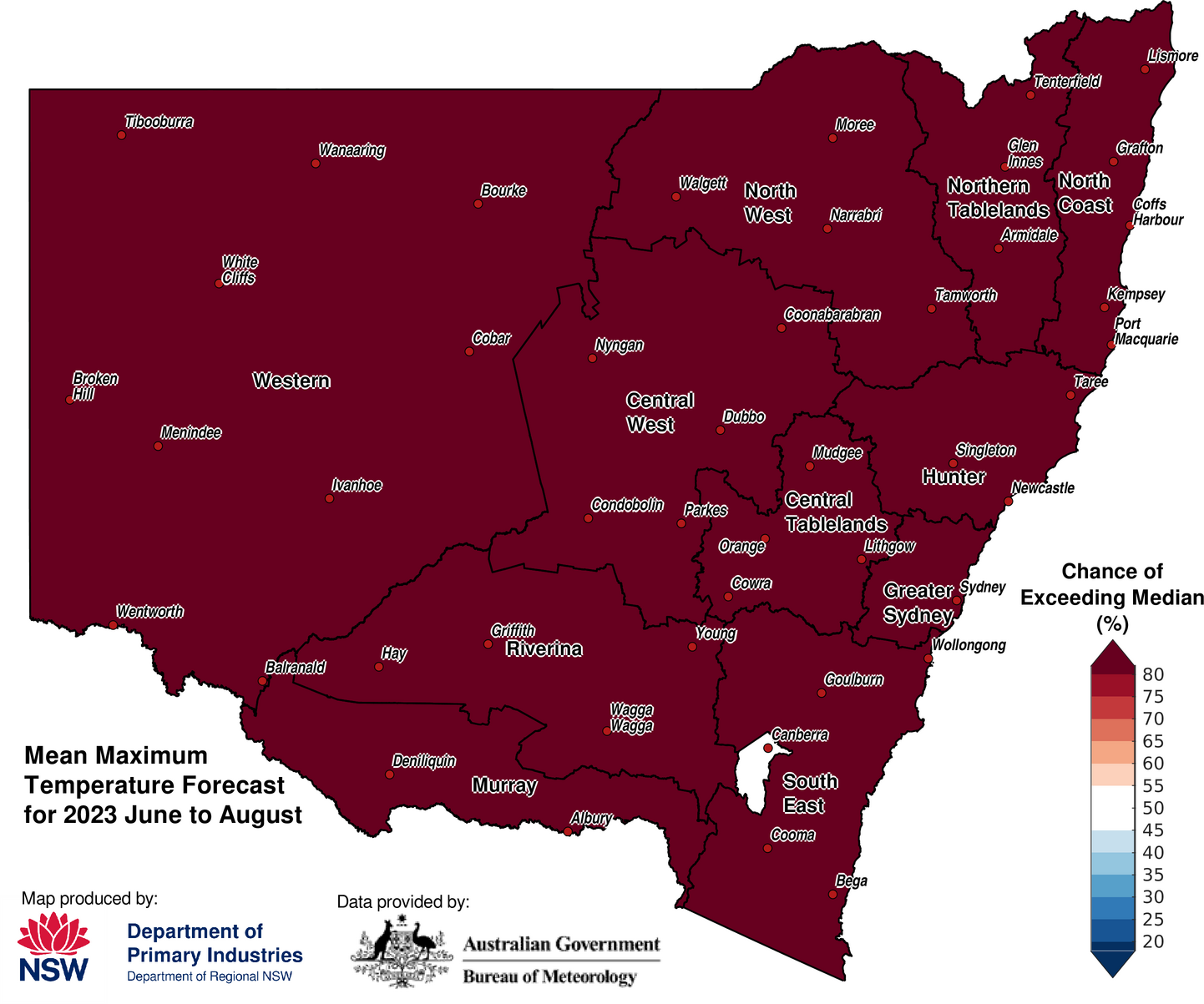 Figure 11. Seasonal average maximum temperature outlook for NSW issued on 01 June 2023