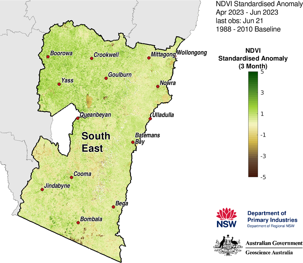 Figure 31. 3-month NDVI anomaly map for the South East region
