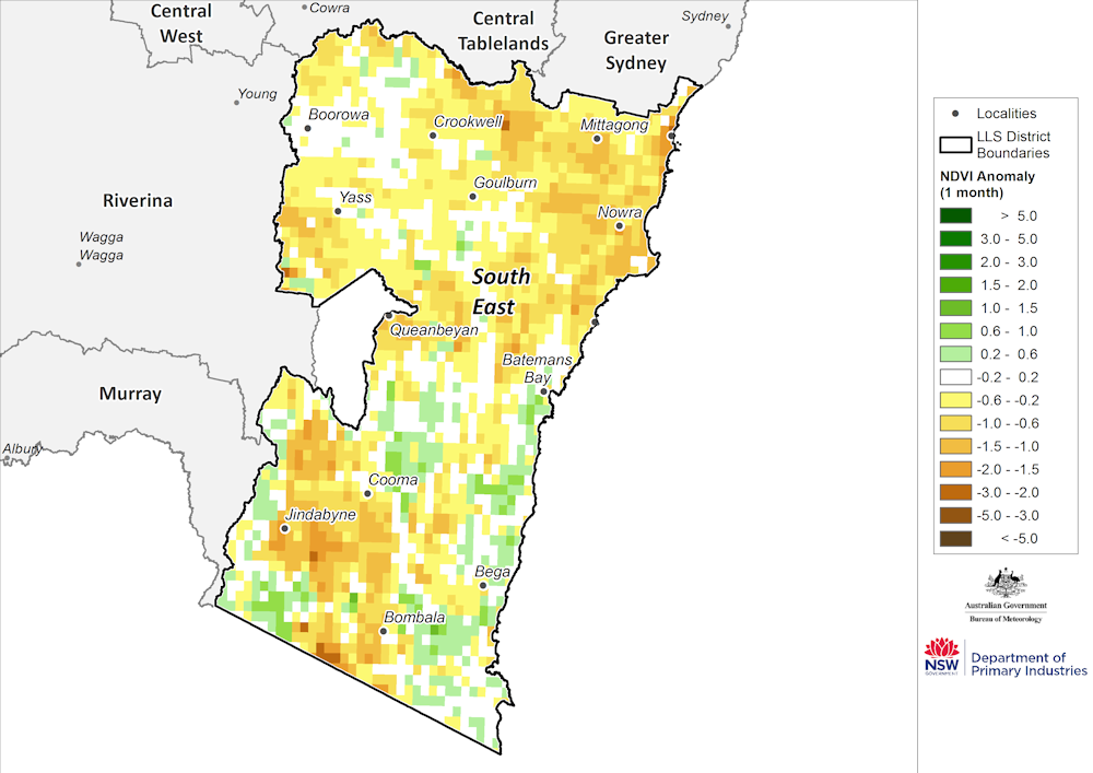 Figure 20. Monthly NDVI anomaly map for the South East region For an accessible explanation of this map contact the author kim.broadfoot@dpi.nsw.gov.au