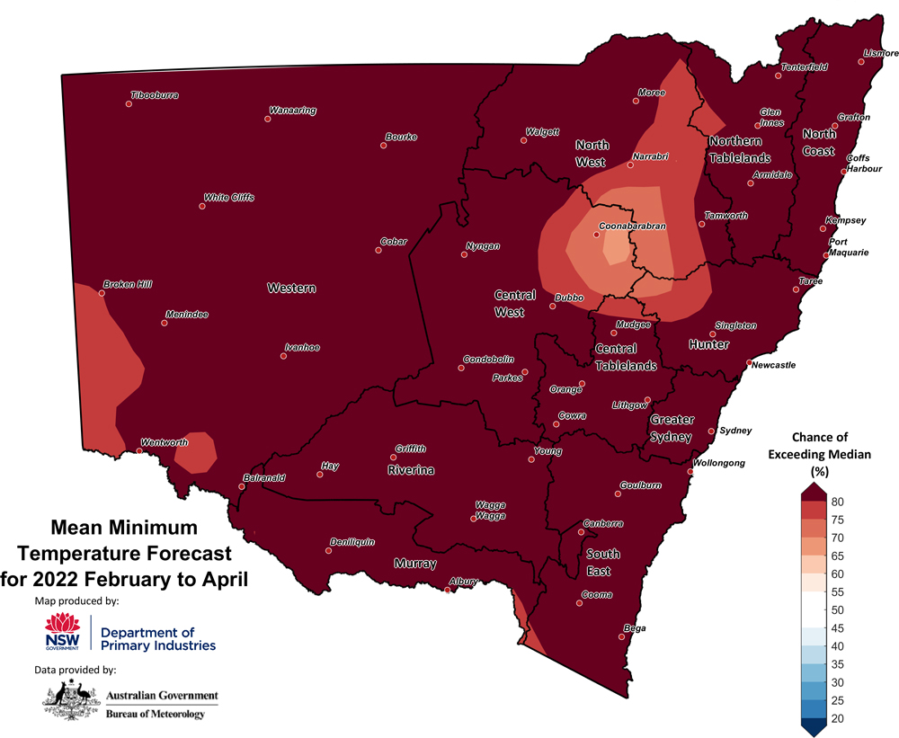 Figure 28. Seasonal average minimum temperature outlook for NSW issued on 06 January 2022