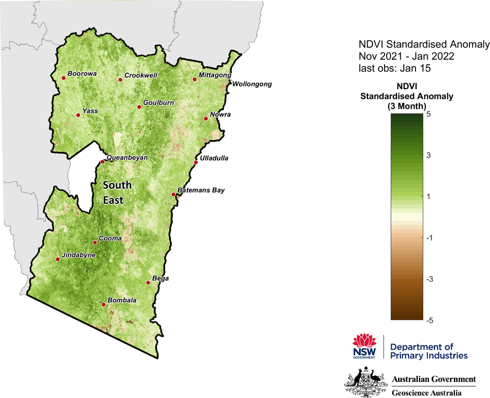 Figure 24. 3-month NDVI anomaly map for the South East region