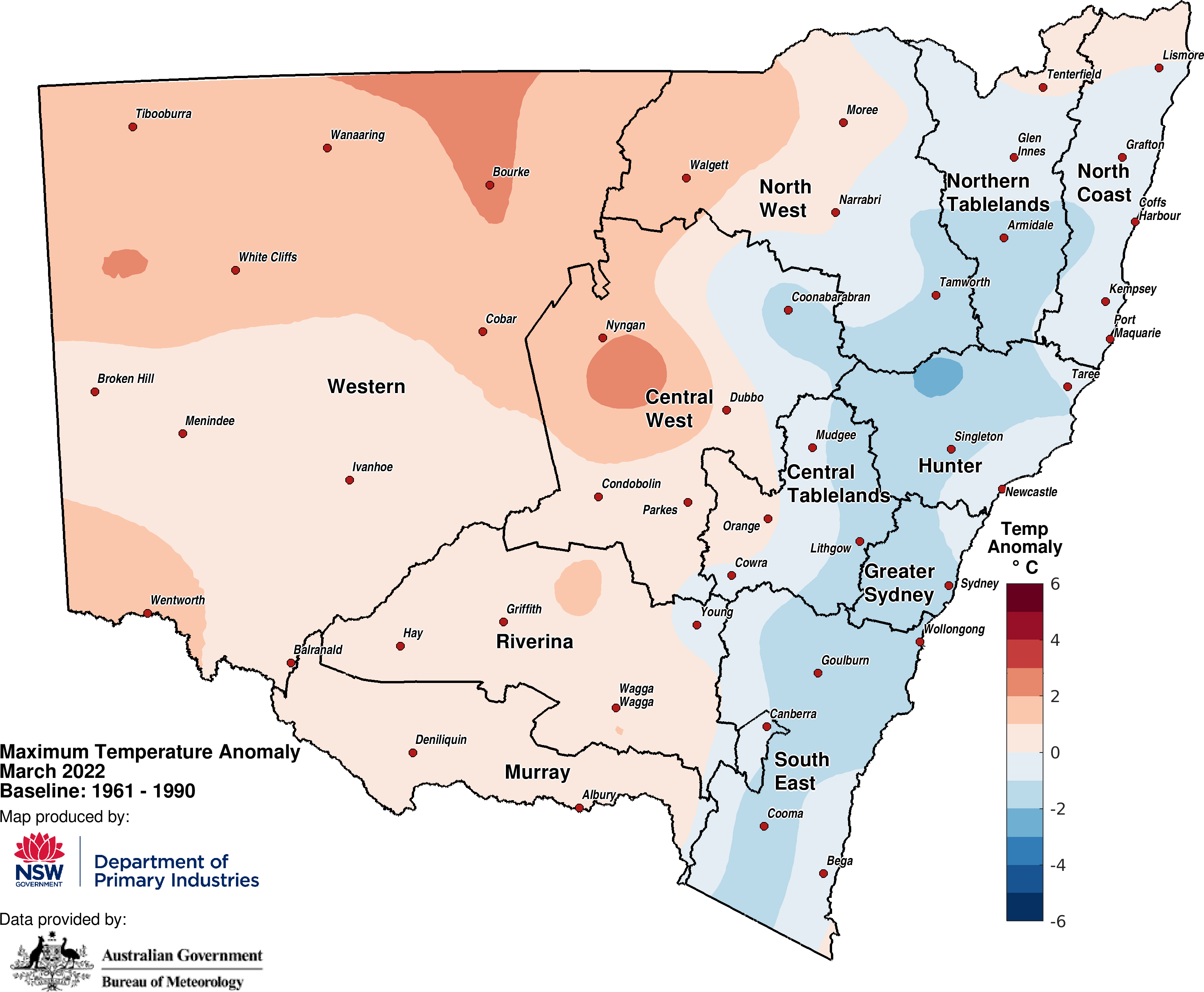 Figure 3a. Maximum temperature anomaly &ndash; March 2022