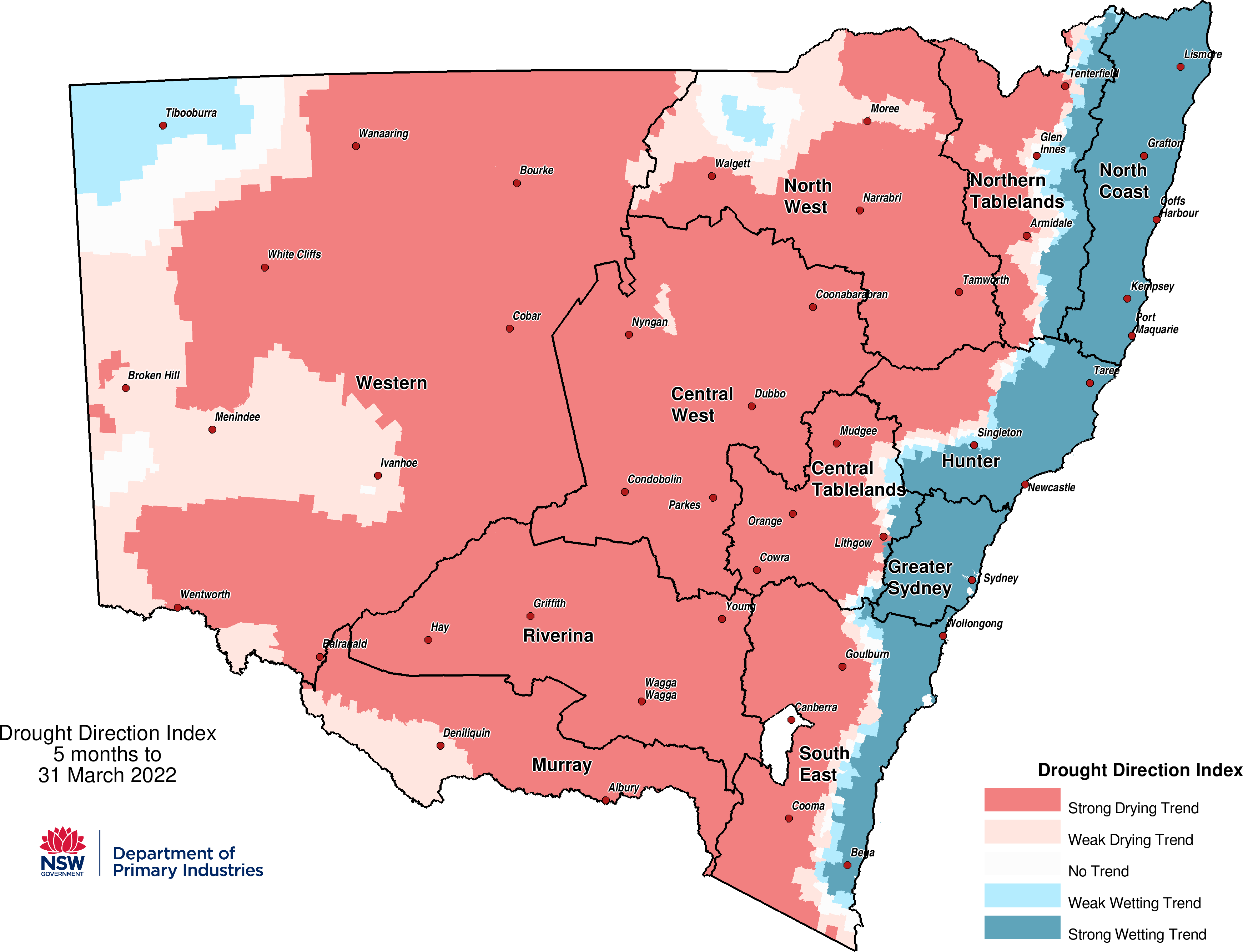 Figure 9. Drought Direction Index (DDI) to 31 March 2022