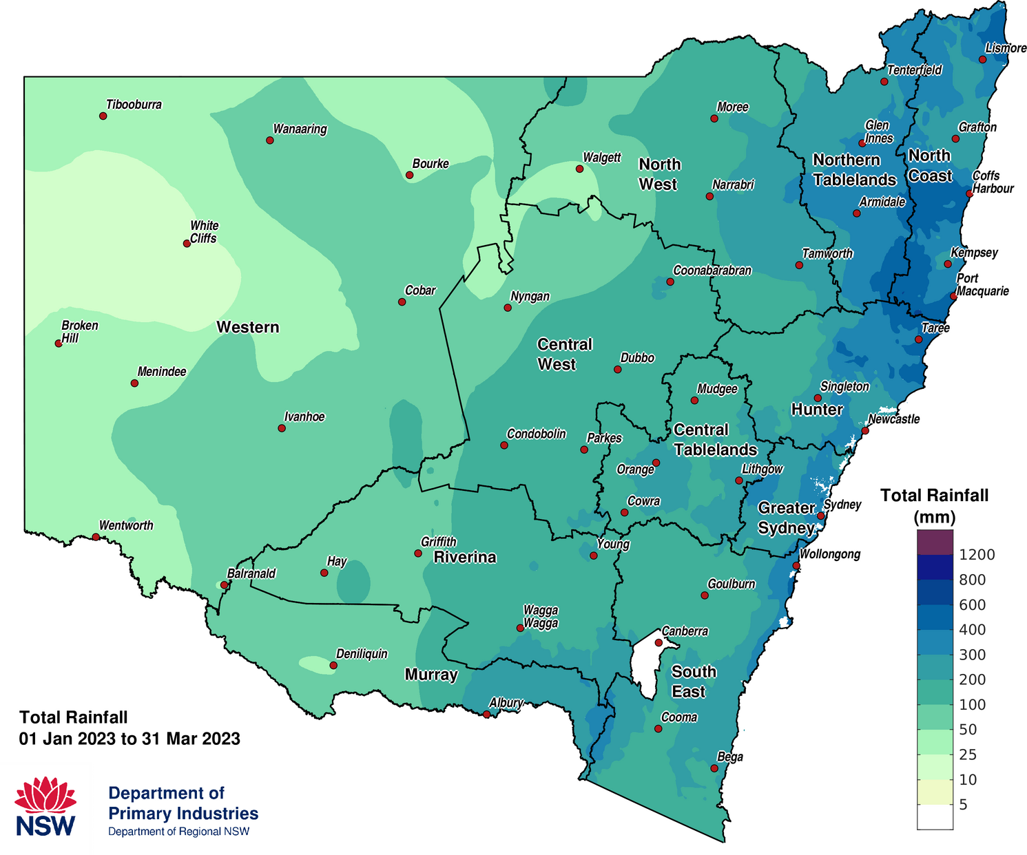 Figure 2c. Calendar year rainfall accumulation to 31 March 2023
