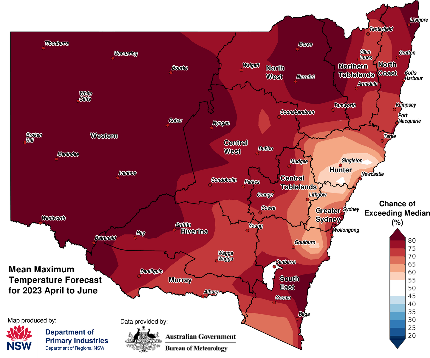 Figure 11. Seasonal average maximum temperature outlook for NSW issued on 27 March 2023