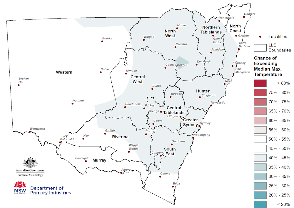 Figure 22. Seasonal maximum temperature outlook for NSW issued on the 29 March 2018 For an accessible explanation of this map contact the author kim.broadfoot@dpi.nsw.gov.au