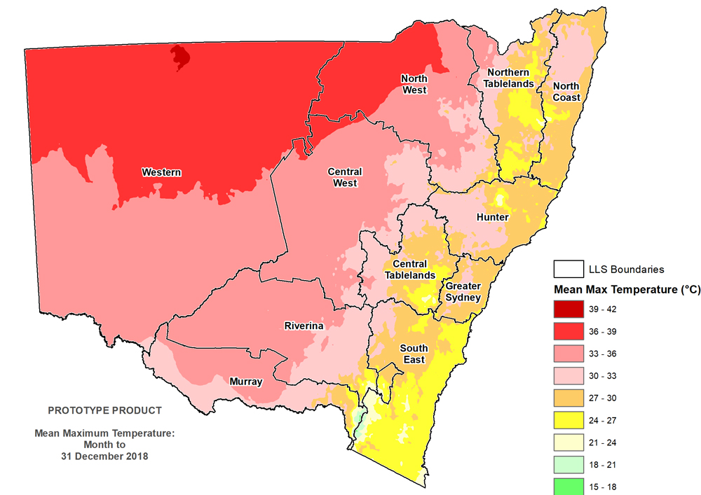 Figure 3. Average daytime temperature December 2018 For an accessible explanation of this map contact the author kim.broadfoot@dpi.nsw.gov.au